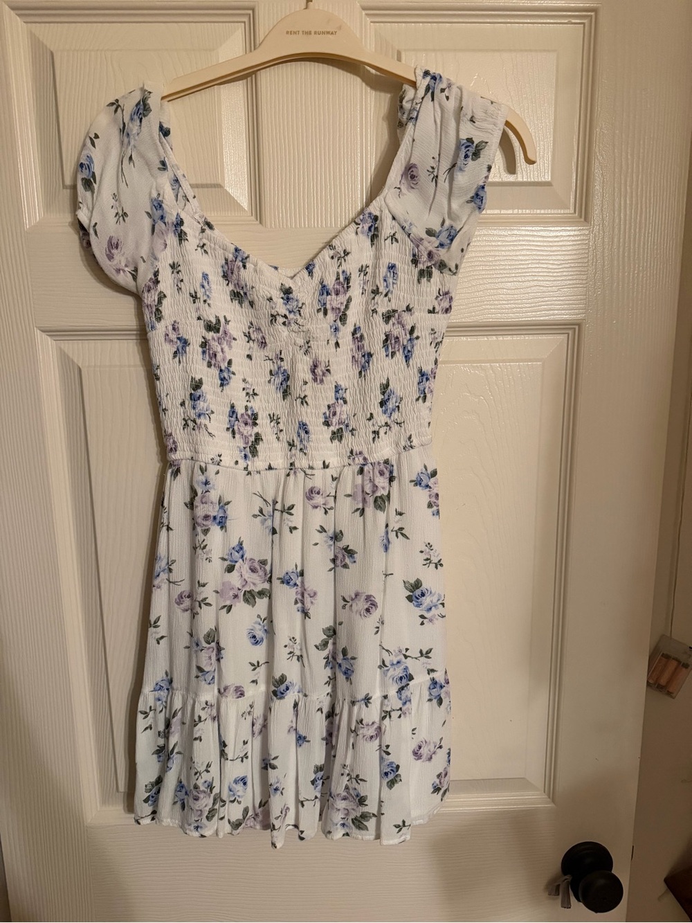 Hollister Floral Smocked Short Sleeve Mini Dress - White with Blue & Lilac Flora